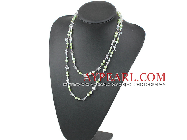 Long Style Light Green Freshwater Pearl and Clear Crystal Necklace ( No Clasp )