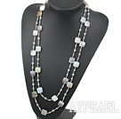 Long Style Square Shape Gray Agate and Gray Crystal Necklace ( No Clasp )