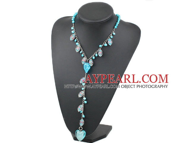 Fashion Style Dyed Sky Blue Pearl and Colored Glaze Y Shape Necklace