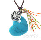 Simple Design Heart Shape Blue Turquoise and Tibet Silver Accessory Pendant Necklace with Brown Leather Cord