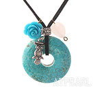 Simple Design Donut Shape Burst Pattern Turquoise and Rose Flower and Tibet Silver Owl Pendant Necklace with Black Cord