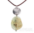 Simple Design Grinding Prehnite Stone and Round Tibet Silver Pendant Necklace with Brown Cord