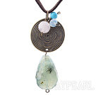 Simple Design Faceted Drop Shape Prehnite Stone and Round Tibet Silver Pendant Necklace with Black Cord