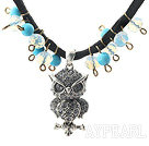 New Design Clear and Blue Crystal and Owl Shape Pendant Necklace with Black Cord