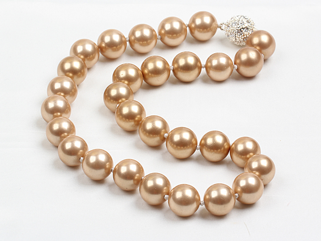14mm Light Golden Yellow Round Sea Shell Beaded Necklace with Magnetic Clasp
