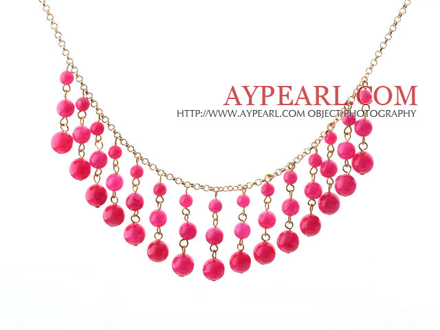 New Design Hot Pink Candy Jade Tassel Necklace with Metal Chain