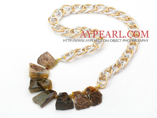 New Design Irregular Shape Burst Pattern Crystallized Agate Necklace with Bold Metal Chain