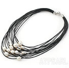 Multi Strands 11-12mm Natural White Freshwater Pearl Black Leather Necklace with Magnetic Clasp