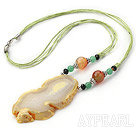 Simple Design Big Crystallized Agate Pendant Necklace with Light Green Thread