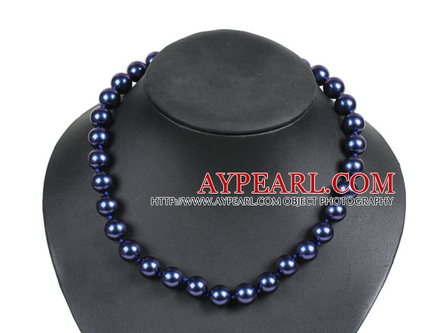 Simple Pretty Deep Blue Round Seashell Beads Choker Necklace With Rhinestone Clasp