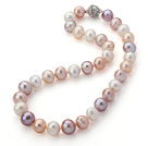 12-14mm Natural White and Pink and Violet Freshwater Pearl Knotted Necklace with Magnetic Clasp