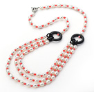 Three Layer White Freshwater Pearl and Pink Coral and Black Agate Donut Necklace