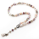 White and Pink and Violet Freshwater Pearl Crystal Y Shape Necklace