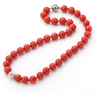 2013 Summer New Design Orange Red Color Round 10mm Seashell Beaded Knotted Necklace with White Rhinestone Ball