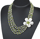 Five Strands Green Series Peridot Chips and Freshwater Pearl and White Shell Flower Necklace