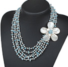 Five Strands Blue Series Kyanite Chips and Freshwater Pearl and White Shell Flower Necklace