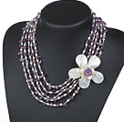Five Strands Purple Series Amethyst Chips and Freshwater Pearl and White Shell Flower Necklace