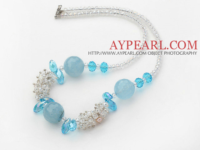 Assorted White and Sky Blue Series Clear Crystal and Blue Jade Necklace with Lobster Clasp