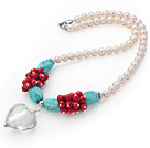 Natural White Freshwater Pearl and Turquoise and Alaqueca Necklace with Heart Shape Colored Glaze Pendant