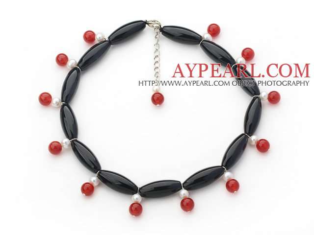 Black Barrel Shape Agate Choker Necklace with White Freshwater Pearl and Carnelian