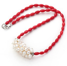 Wholesale Single Strand Long Oval Shape Red Coral Necklace with White Freshwater Pearl
