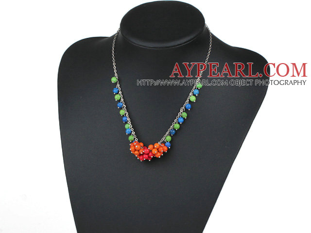 Assorted Blue and Green and Red Dyed Turquoise Necklace with Metal Chain