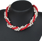 Three Strands White Freshwater Pearl and Red Dyed Turquoise Twisted Necklace