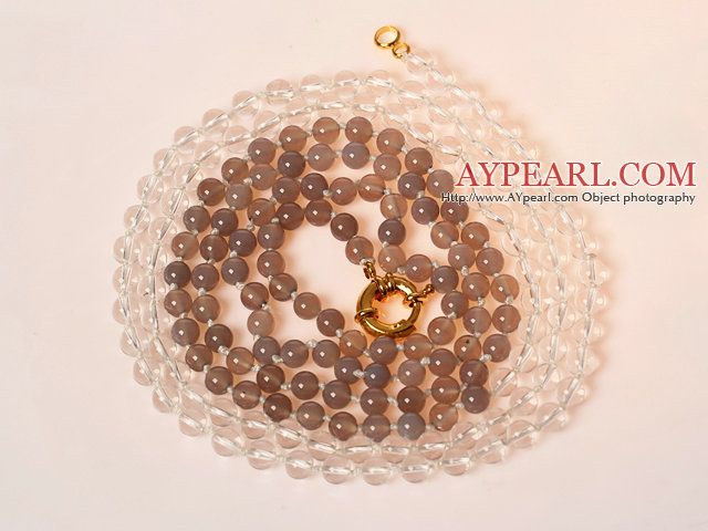 Long Style Round Clear Crystal and Gray Agate Beaded Necklace