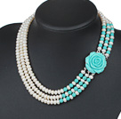 Three Strands Natural White 6-7mm Freshwater Pearl and Turquoise Necklace with Blue Turquoise Color Acrylic Flower Clasp