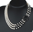 Three Strands Natural White 6-7mm Freshwater Pearl and Black Agate Necklace with Black Acrylic Flower Clasp