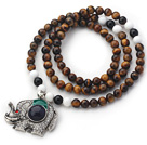 New Design Round Tiger Eye and Black Agate and White Sea Shell Beaded Necklace with Beautiful Elephant Pendant