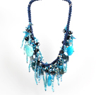 Wholesale Sparkly Bib Shape Blue Series Crystal Agate Statement Party Necklace With Blue Thread Woven Drawstring Chain