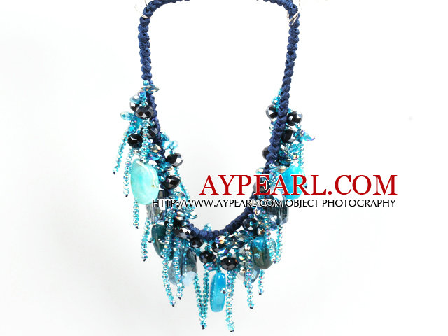 Sparkly Bib Shape Blue Series Crystal Agate Statement Party Necklace With Blue Thread Woven Drawstring Chain