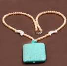 Fashion Nautral Pink Freshwater Pearl Big Square Turquoise Pendant Necklace