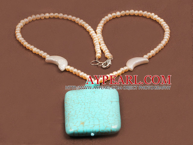 Fashion Nautral Pink Freshwater Pearl Big Square Turquoise Pendant Necklace