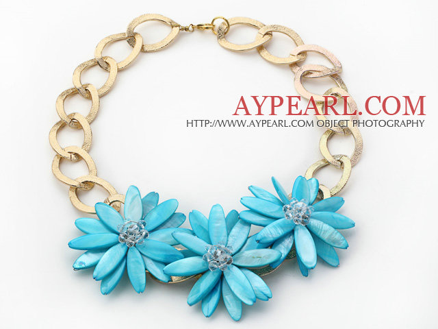 2013 Summer New Design Sky Blue Shell Flower Necklace with Golden Color Metal Chain