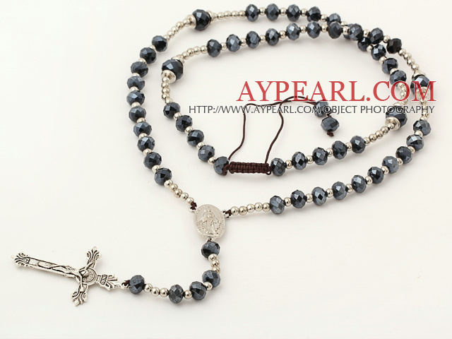 Long Style Hematite Color Manmade Crystal Y Shape Extedable Necklace with Cross Pendant