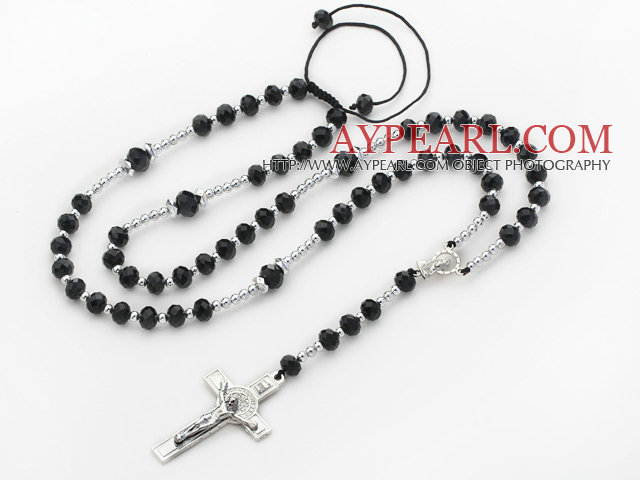 Long Style Black Color Manmade Crystal Y Shape Extedable Necklace with Cross Pendant