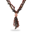 Tiger Eye and Goldsand Stone Chips Y Shape Necklace with Golden Rose Color Flower Ball Accessories