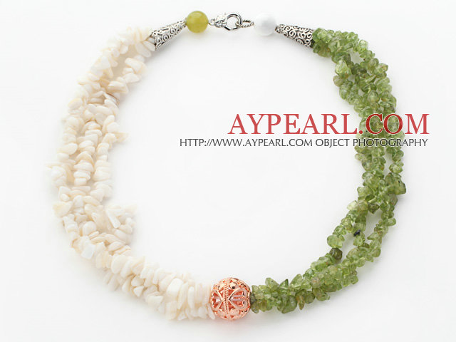 White and Olive Green Series Multi Strands White Shell and Olive Chips Necklace