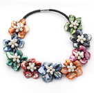 Assorted Multi Color Shell Flower and White Freshwater Pearl Leather Necklace