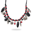 Assorted Black Agate and Red Coral Charm Necklace with Black Thread