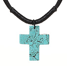 Wholesale Simple Design Cross Shape Green Turquoise Pendant Leather Necklace with Black Leather