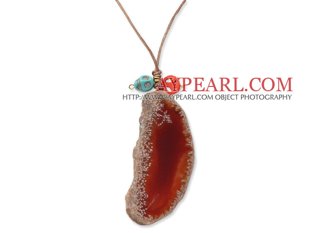Simple Style Natural Red Carnelian Slice Pendant Necklace with Brown Leather
