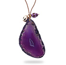 Simple Style Natural Purple Agate Slice Pendant Necklace with Brown Leather