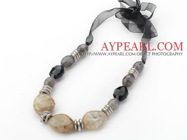 Gray Series Gray Acrylic and Black Color Crystal Necklace with Black Ribbon