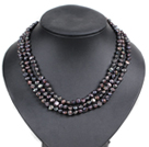 Fashion Style 3 Strand Natural Black Freshwater Pearl Necklace