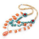 Three Layer Green Turquoise and Light Yellow Color Acrylic Necklace with Turquoise Flower