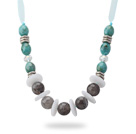 Lake Blue and Gray Acrylic Necklace with Light Blue Ribbon