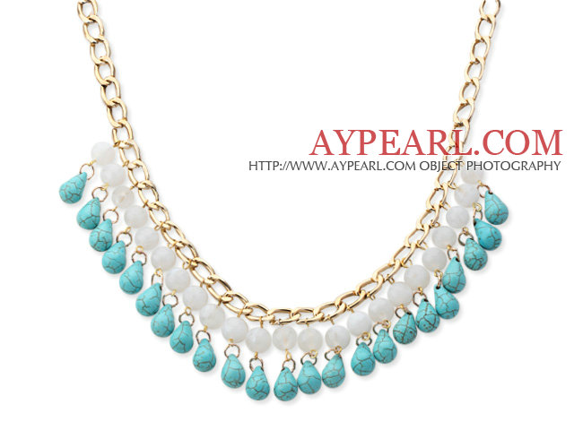 Fashion Style Drop Turquoise and White Acrylic Tassel Necklece with Golden Color Metal Chain